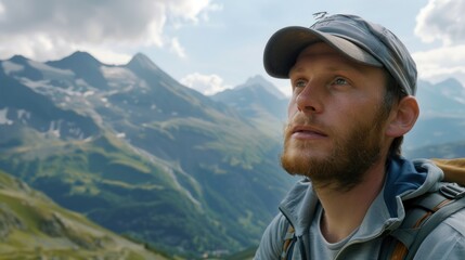 Close-up of a man enjoying a panoramic view of the Alps from the trail to Salfeiner See, with a look of awe and wonder, wearing casual hiking attire, with mountains and valleys in the background,