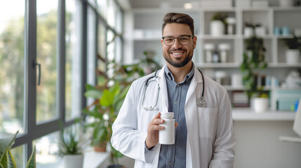 Obraz premium Doctor recommends medicine pill. The doctor suggests a means to lose weight