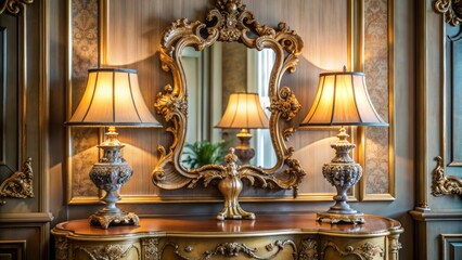 A classic still life composition featuring a intricately designed lamp standing upright on a dresser reflected in a ornate mirror.