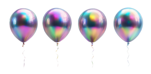 Four shiny holographic balloons with metallic ribbons isolate on transparent background, cutout, png 