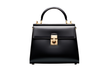 A classic black leather handbag with gold hardware, shot on a white background in a high-end studio setting.