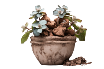 A charming, hand-crafted clay flower pot with an earthy, organic feel, isolated on a white background.