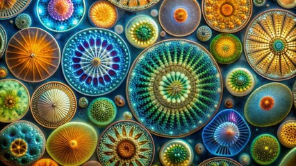 Vibrant microscopic view of intricate diatom patterns, showcasing kaleidoscope of colors and delicate structures in stunning high-magnification detail.