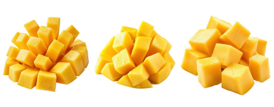 set of mango slice cubes cut out isolated on transparent background.