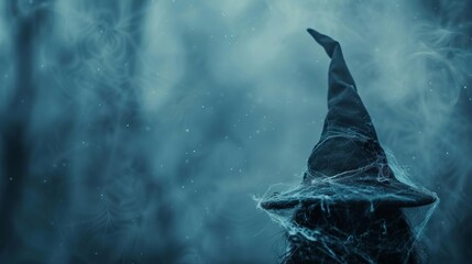 Mysterious witch hat covered in cobwebs against a foggy forest background, creating a spooky Halloween atmosphere.