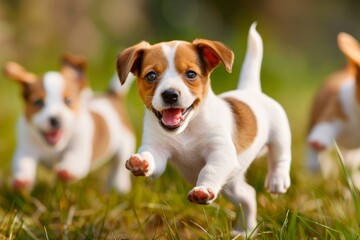 Joyful Jack Russell Puppies Frolicking in a Lush Green Meadow on a Sunny Day