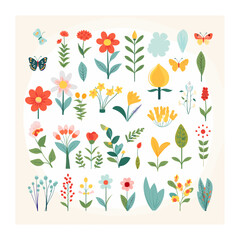 simple spring theme asset set, for preschooler, flat design, bright and soft colors, white background