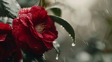 Japanese camellia flower (Tsubaki), deep red petals, soft gray blur background, raindrops enhancing its lushness, romantic and vibrant.