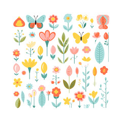 simple spring theme asset set, for preschooler, flat design, bright and soft colors, white background