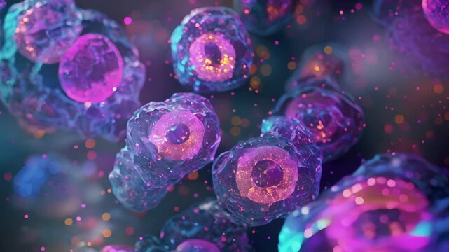 Pancreatic beta cells in action actively producing and releasing insulin molecules.