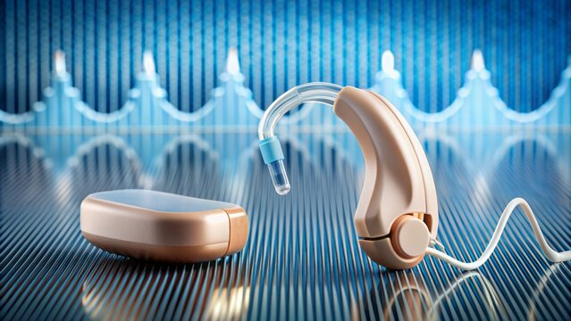 Close-up of electronic hearing aid device on neutral background with audiogram and sound wave patterns surrounding it.