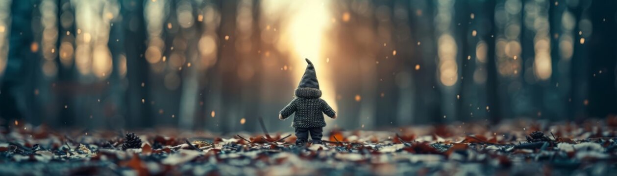 A whimsical gnome dressed in a hat and coat stands in a forest surrounded by falling leaves and soft light, creating a magical atmosphere.