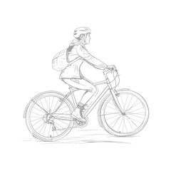 Naklejka premium Young woman rides bicycle in the city wearing a helmet and backpack