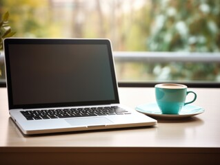 Fototapeta premium Minimalist Modern Workspace with Laptop, Coffee Cup, and Notebook on Bright Background