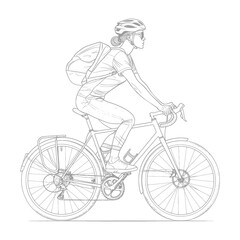 Naklejka premium Line Art: Woman Cycling with Backpack and Sunglasses