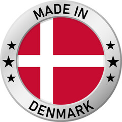 Obraz premium Chrome ring with the inscription: Made in Denmark, in the center - a circle and the flag of Denmark. For industrial enterprises, products, production. Vector illustration.
