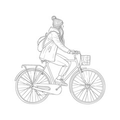 Obraz premium Sketch of Woman with Backpack Cycling Vintage Bicycle, Winter Apparel