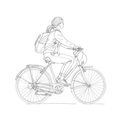 Obraz premium Line Art: Young Woman Cycling with Backpack, Classic Bicycle