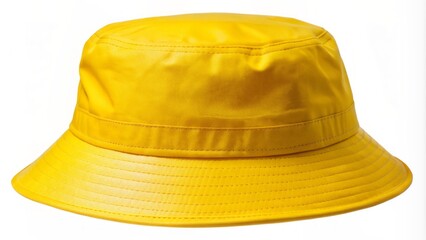 Fototapeta premium Vibrant yellow bucket hat with a slight curve, sitting atop a rustic wooden crate on a worn, weathered stone surface.