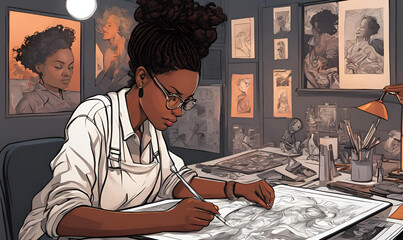 Skilled Illustrator Designs Intricate Graphic Novels, Bringing Characters to Life. Quiet Afternoons in the Studio, Digital Tablet Glowing with Creative Energy.
