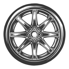 Obraz premium Vintage Style Eight-Spoke Alloy Wheel, Monochrome Illustration