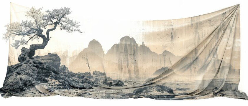 A serene ink painting depicting a lone tree on rocky terrain with misty mountains and a flowing fabric curtain backdrop.