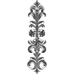 Ornate Vertical Damask Floral Design Element, Monochrome, Hand-Drawn Style