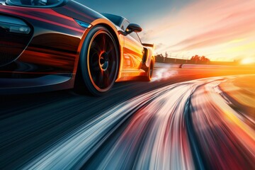 Breathtaking race car speeding on track at sunset, providing thrilling racing action viewers love