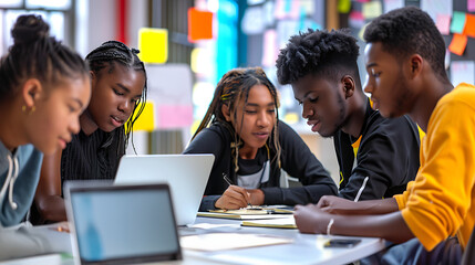 Group of diverse students working together around a table with laptops and notebooks, brainstorming ideas and solving problems in a bright, modern classroom