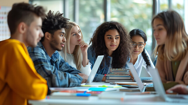 Group of diverse students working together around a table with laptops and notebooks, brainstorming ideas and solving problems in a bright, modern classroom