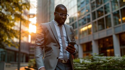 A man in a suit and tie is walking down a city street while holding a cell phone