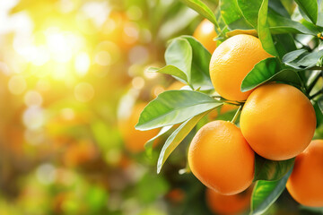 Oranges on a branch with green leaves on tree. Delicious, ripe, fresh fruits