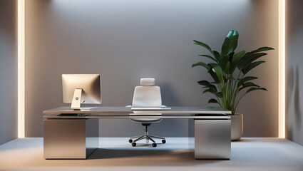 Modern office interior with desk, computer, and plant, featuring a minimalist design, generative ai