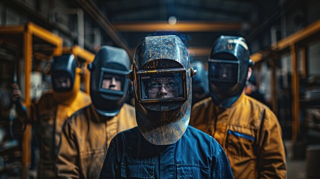 A group of workers wearing protective gear and helmets