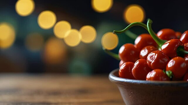 Red hot chili peppers on a dark bokeh background. Copy space template backdrop