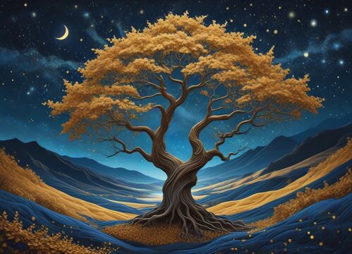 An illustration of a large intricately detailed tree with golden leaves at night