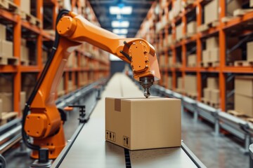 Fototapeta premium Robotic arm grabbing cardboard box on conveyor in storage warehouse setting for efficient logistics
