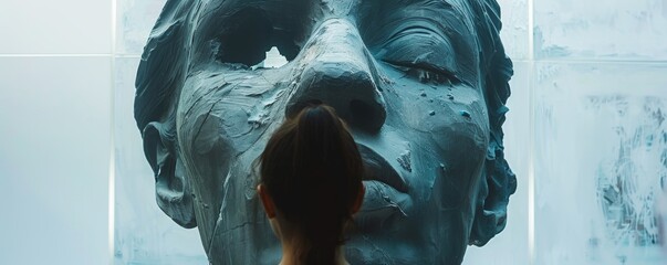 A person stands in front of a large, ancient statue, examining its intricate details. The statue's weathered surface tells a story of history and time.