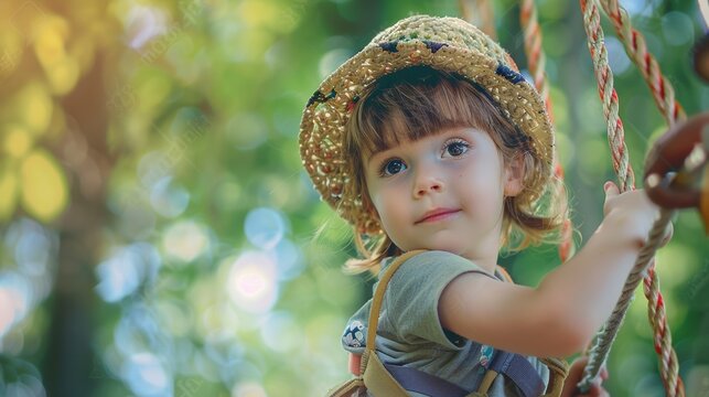 A young girl wearing a straw hat is hanging from a rope