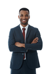 Businessman, happy and confident in studio with portrait for professional career in corporate law, legal practice and justice. Male lawyer, arms crossed and pride for attorney with white background.