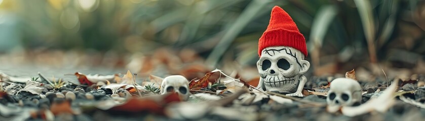 Fototapeta premium Whimsical skull with red hat among leaves and small skulls, autumn theme, imaginative and eerie fantasy setting in nature.