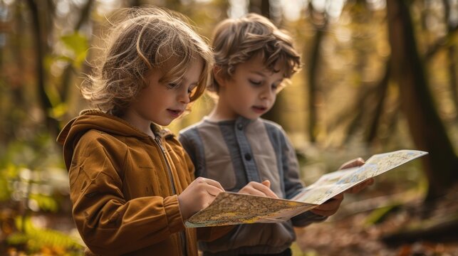 Two young children are looking at a map in the woods