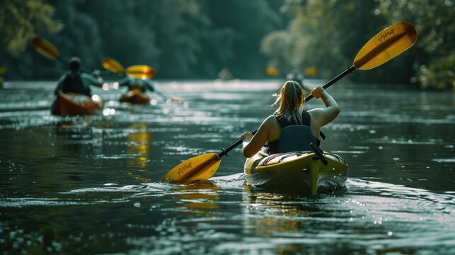 A woman in a yellow kayak paddles down a river with other kayakers in the backgr