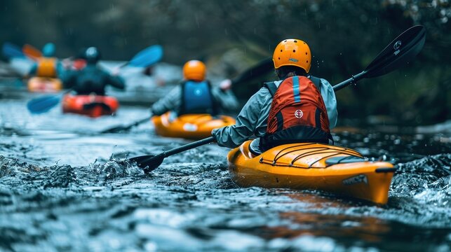 A group of people are kayaking down a river