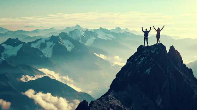 A couple standing on a mountain peak with a clear blue sky in the background