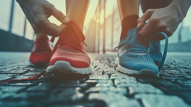 Two people are getting ready to run, one wearing a red shoe
