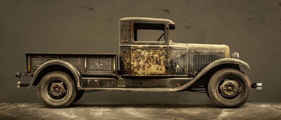 Vintage rusty truck, classic antique automobile with old-fashioned design, showcasing historical transportation and automotive history in aged condition.