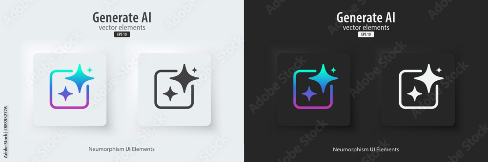 Aufkleber Set of generative AI square buttons. Press the button to create ideas. Neumorphism design style for apps, websites, and Interfaces. Artificial intelligence technology. Vector illustration.