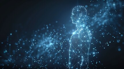 Glowing blue polygonal human figure on dark blue background with glowing light particles