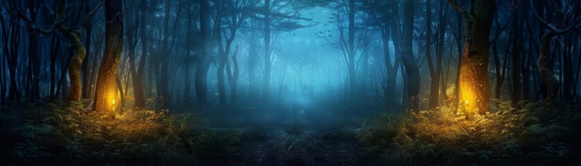 Obraz premium Enchanted forest path illuminated by mystical glowing lights, creating a magical and eerie twilight atmosphere with trees and fog.